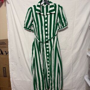 Midi Shirt Dress in a green and white stripe pattern.